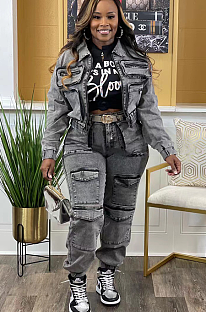 SUPER WHOLESALE |  Grey Pockets Denim Pants Set