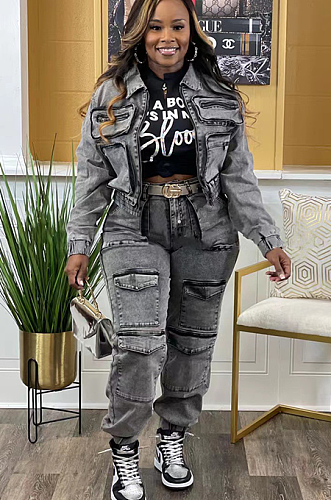 SUPER WHOLESALE |  Grey Pockets Denim Pants Set