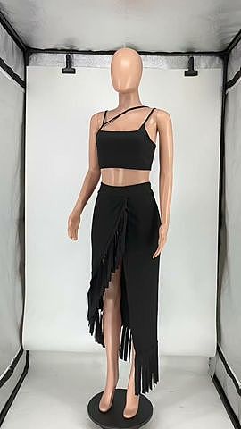 SUPER WHOLESALE | Tassel Front Split Skirt Set with Tanks Top