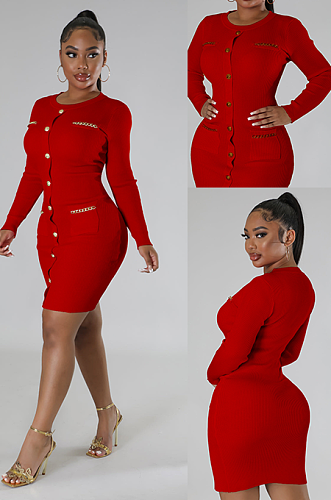SUPER WHOLESALE | Button Up Pit Material Bodycon Dress in Red