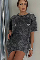 SUPER WHOLESALE | Dark Grey Rhinestone Heart Decor T-shirt