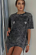 SUPER WHOLESALE | Dark Grey Rhinestone Heart Decor T-shirt