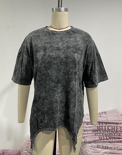 SUPER WHOLESALE | Dark Grey Rhinestone Heart Decor T-shirt