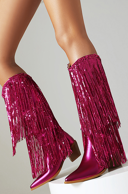 SUPER WHOLESALE | Tassel Bling Bling Sequins Boot in Rose Red