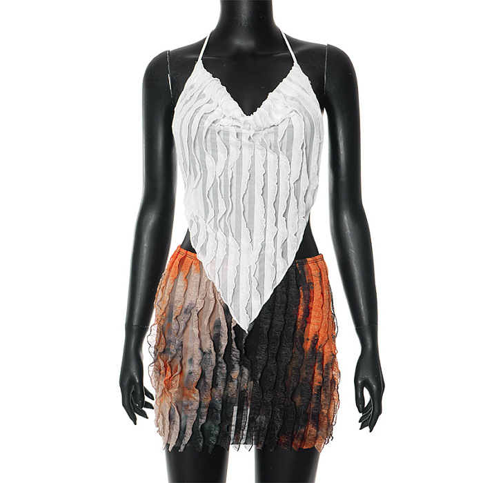 SUPER WHOLESALE | Tie-dye Ruffles Texture Halter Skirt Set