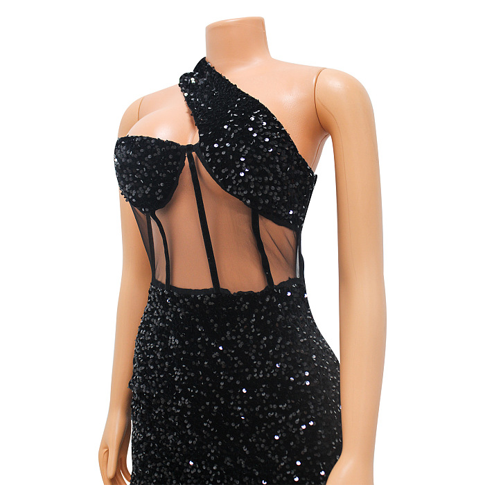 SUPER WHOLESALE |  Bling Bling One Shoulder Patchwork Mini Dress
