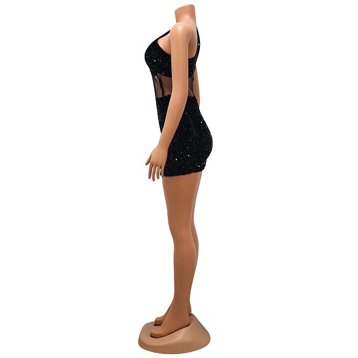 SUPER WHOLESALE |  Bling Bling One Shoulder Patchwork Mini Dress