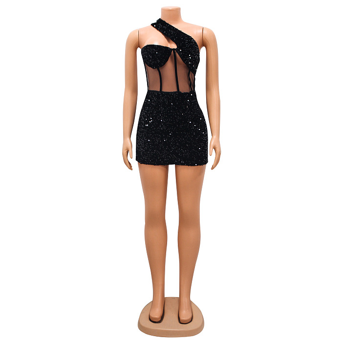 SUPER WHOLESALE |  Bling Bling One Shoulder Patchwork Mini Dress