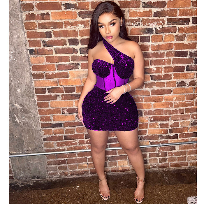 SUPER WHOLESALE |  Bling Bling One Shoulder Patchwork Mini Dress