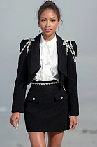 SUPER WHOLESALE | Lapel Rhinestone Studded Long Sleeve Blazer Jacket + High-Waisted A-line Skirt