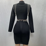 SUPER WHOLESALE | Lapel Rhinestone Studded Long Sleeve Blazer Jacket + High-Waisted A-line Skirt