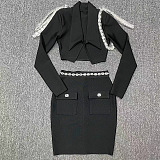 SUPER WHOLESALE | Lapel Rhinestone Studded Long Sleeve Blazer Jacket + High-Waisted A-line Skirt