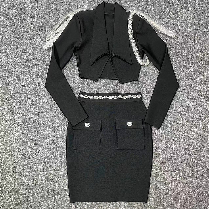 SUPER WHOLESALE | Lapel Rhinestone Studded Long Sleeve Blazer Jacket + High-Waisted A-line Skirt