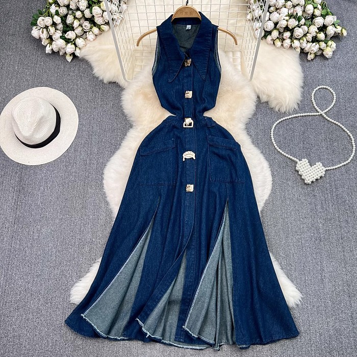 SUPER WHOLESALE | Sleeveless Single-Breasted A-Line Denim Maxi Dress with Front Slit