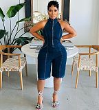 SUPER WHOLESALE | Denim Backless Front Zip Up Romper