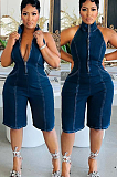 SUPER WHOLESALE | Denim Backless Front Zip Up Romper