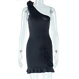 SUPER WHOLESALE | One Shoulder Rose Decor Mini Dress