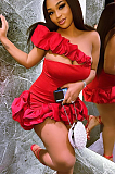 SUPER WHOLESALE | Wave Hem One Shoulder Dress in Red