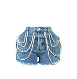 SUPER WHOLESALE | Pearl Chain Decor Denim Shorts