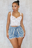 SUPER WHOLESALE | Pearl Chain Decor Denim Shorts