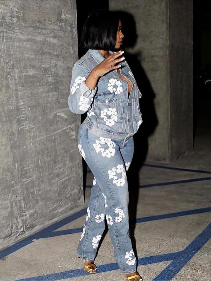 SUPER WHOLESALE | Flower Printed Denim Jacket Top