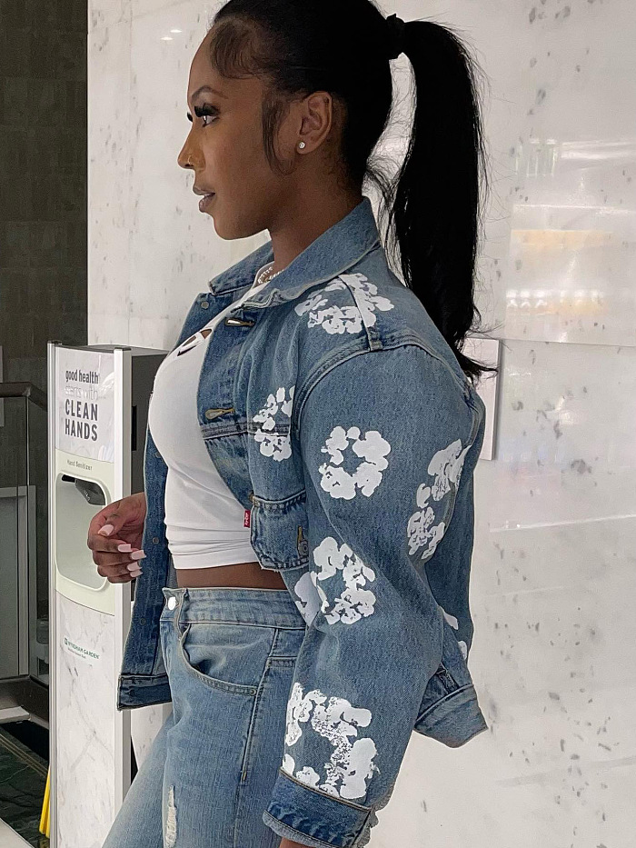SUPER WHOLESALE | Flower Printed Denim Jacket Top