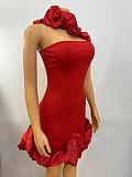 SUPER WHOLESALE | Wave Hem One Shoulder Dress in Red