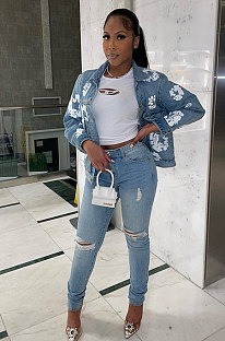 SUPER WHOLESALE | Flower Printed Denim Jacket Top