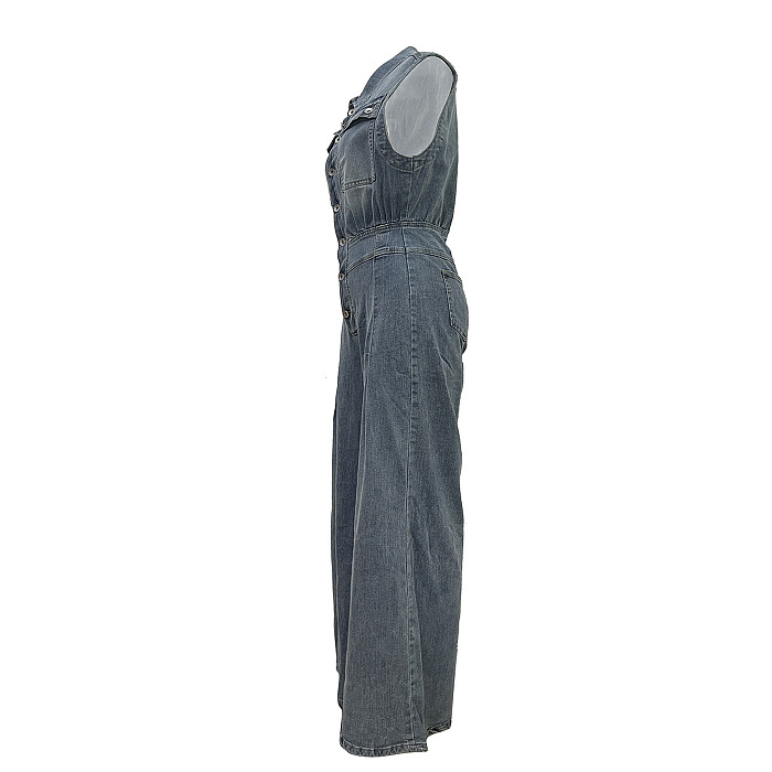 SUPER WHOLESALE | Sleeveless Half Button Up Jumpsuit