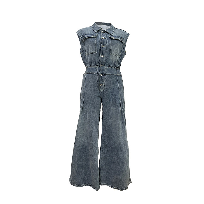 SUPER WHOLESALE | Sleeveless Half Button Up Jumpsuit