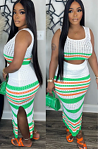 SUPER WHOLESALE |Striped Hollow-Out Two-Piece Set: Crop Top and Slit Maxi Skirt for Women