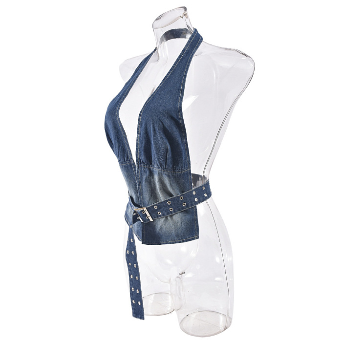 SUPER WHOLESALE | Denim Halter Top with Bucklet