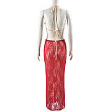 SUPER WHOLESALE | Lace Halter Top & Long Skirt Set in Scarlet
