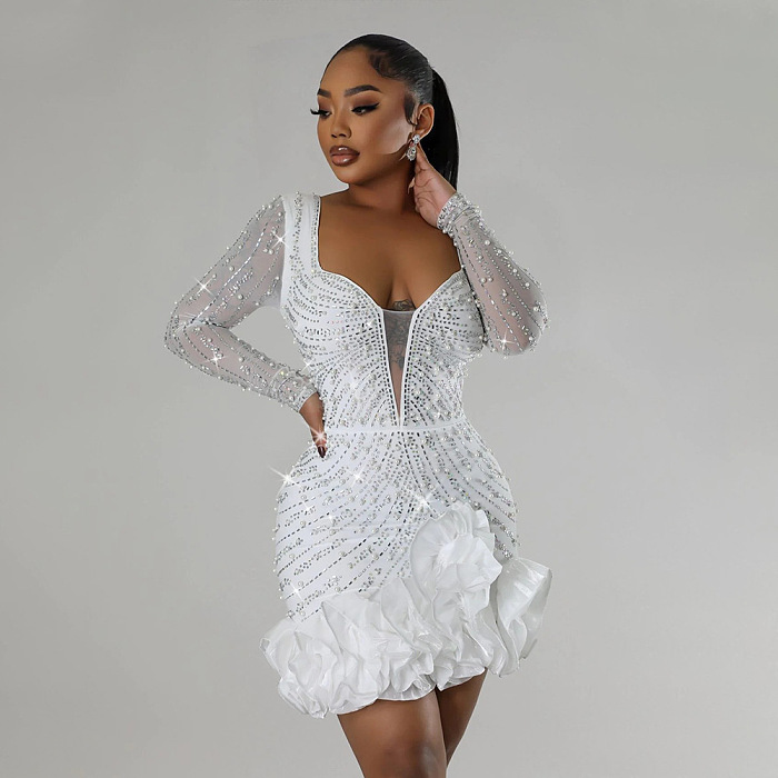 SUPER WHOLESALE | Square Neck Blingbling Party Dress