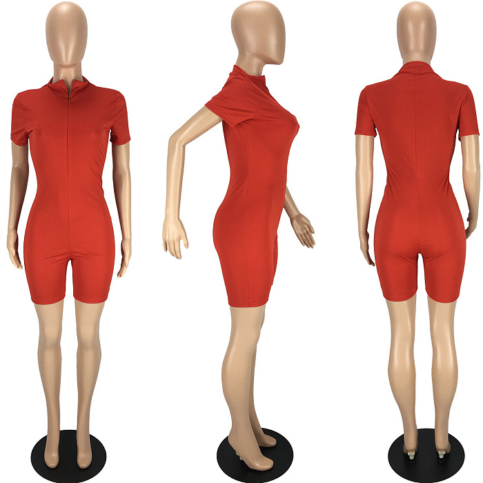 SUPER WHOLESALE | Elastic Material Romper with Half Zip