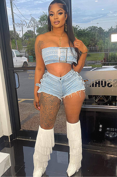 SUPER WHOLESALE | Buckle Bandeau Denim Short Set