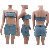 SUPER WHOLESALE | Buckle Bandeau Denim Short Set