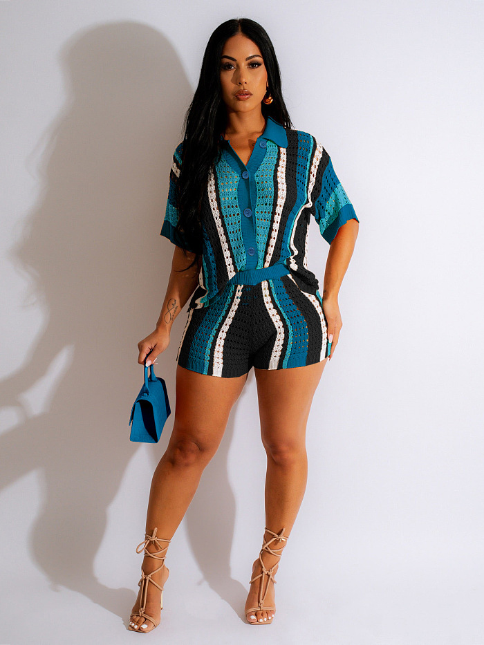 SUPER WHOLESALE | Hollow-out Knitted Shirt Set
