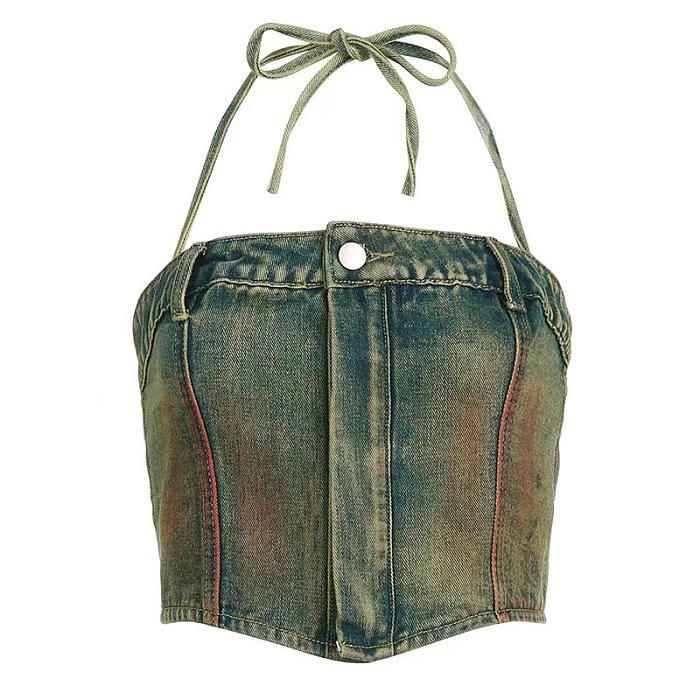 SUPER WHOLESALE | Aged Denim Skirt Set with Strapless Top