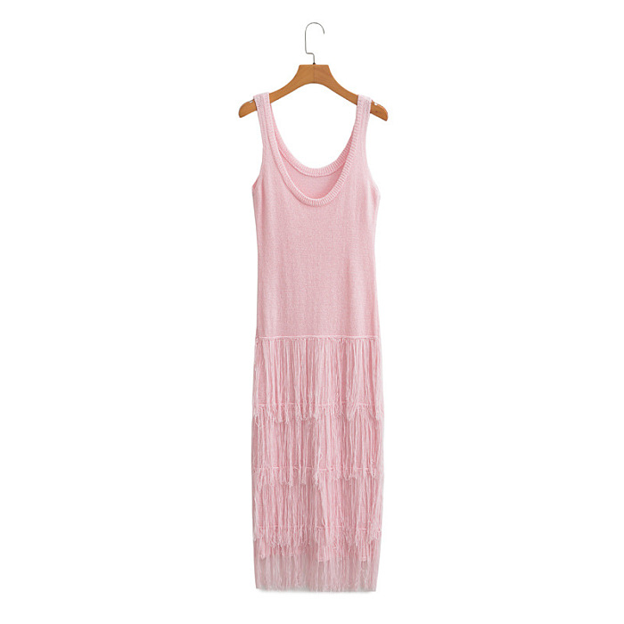 SUPER WHOLESALE | Knitted Tank Long Dress with Fringe