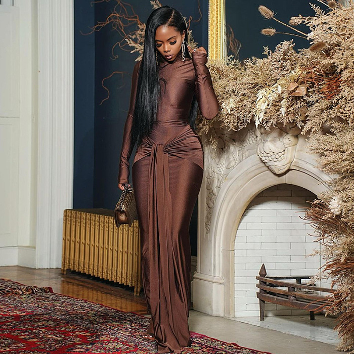 SUPER WHOLESALE | Tutle Neck Long Dress with Strip