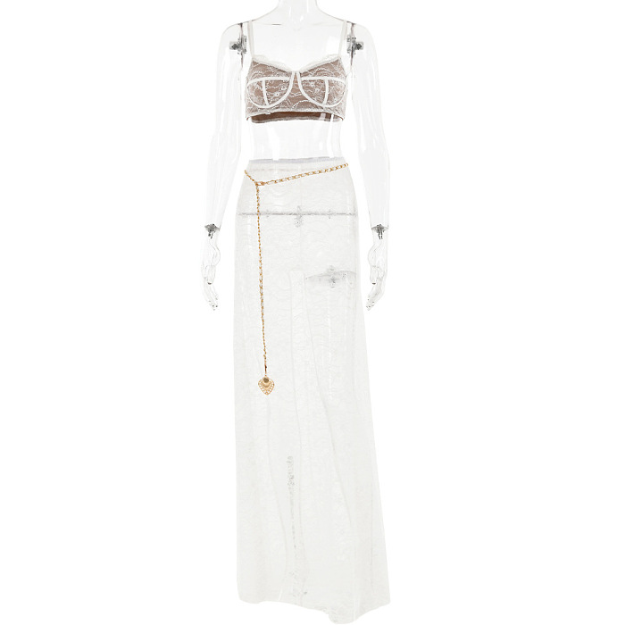 Lace See-through Floor-length  2 Piece Skirt Set with Chain