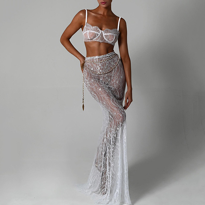 Lace See-through Floor-length  2 Piece Skirt Set with Chain