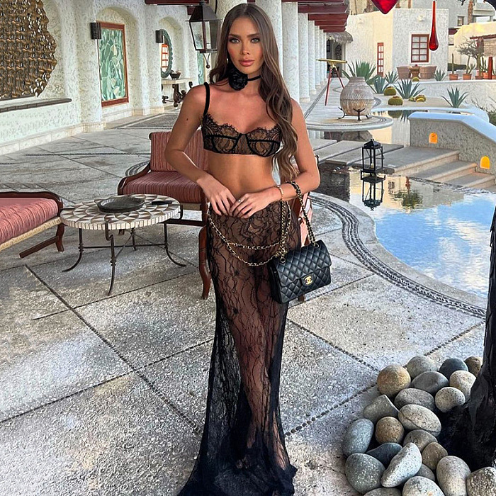 Lace See-through Floor-length  2 Piece Skirt Set with Chain