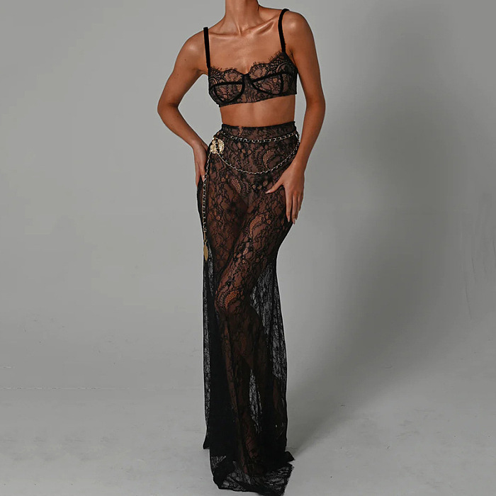 Lace See-through Floor-length  2 Piece Skirt Set with Chain