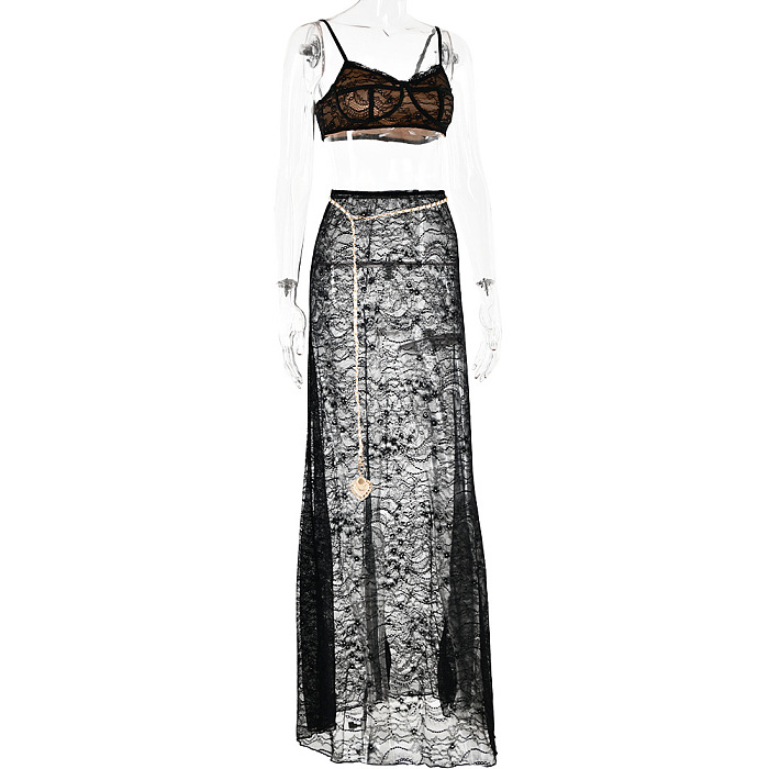 Lace See-through Floor-length  2 Piece Skirt Set with Chain