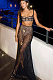 Lace See-through Floor-length  2 Piece Skirt Set with Chain