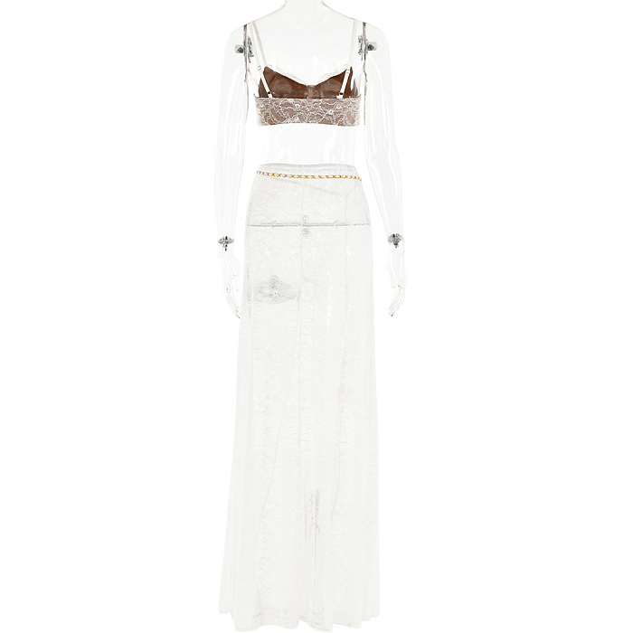 Lace See-through Floor-length  2 Piece Skirt Set with Chain