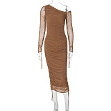 SUPER WHOLESALE | Asymmetric Shoulder Patchwork Long Dress in Brown