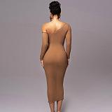 SUPER WHOLESALE | Asymmetric Shoulder Patchwork Long Dress in Brown